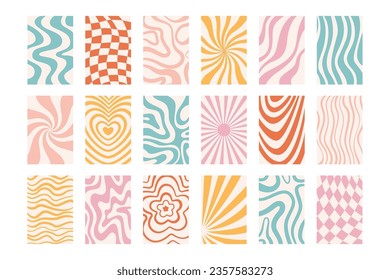 Retro groovy seamless pattern with wave, floral design, curvy line, sun rays and heart shape set. Trendy vintage doodle print psychedelic geometric abstract graphic pastel color vector illustration