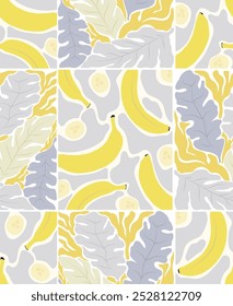 Retro groovy seamless pattern of yellow and gray bananas with leaves design for textile prints. Aesthetic vector illustration.