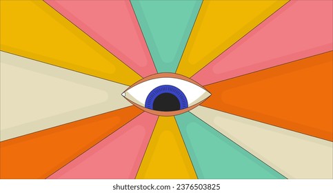 Retro groovy seeing eye 2D linear illustration concept. Psychedelic surreal cartoon scene background. Eye watching. Visual hallucination, providence metaphor abstract flat vector outline graphic