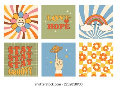 Retro groovy set card 60s-70s style. Daisy flowers, smile face, checkerboard and cell pattern. Love and hope, rainbow. Stay groovy. Hand with planet. Hippie aesthetic background.