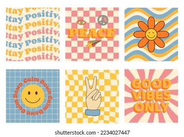 Retro groovy set card 60s-70s style. Daisy flowers, smile face, checkerboard pattern. Peace signs, freedom. Stay positive. Good vibes only. Hippie aesthetic background.