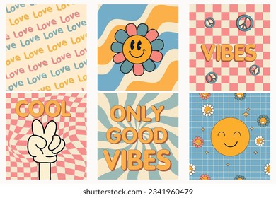 Retro groovy set card 60s-70s style. Daisy flowers, smile face, checkerboard pattern. Peace signs, freedom. Stay positive. Good vibes only. Hippie aesthetic background.