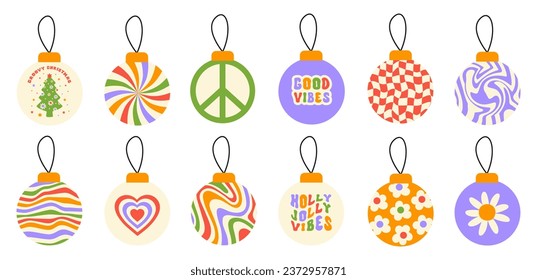 Retro groovy set christmas balls isolated on a white background. Trendy vector illustration in style 70s, 80s. Pastel colors