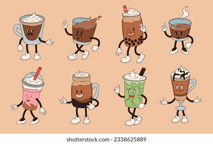 Retro groovy set with coffee mascot, cartoon characters, funny colorful doodle style characters, cappuccino, cocoa, latte, espresso. Vector illustration on beige isolated background.