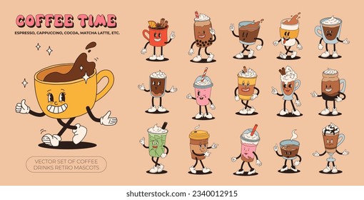 Retro groovy set with coffee mascot, cartoon characters, funny colorful doodle style characters, cappuccino, cocoa, latte, espresso. Vector illustration on beige isolated background.