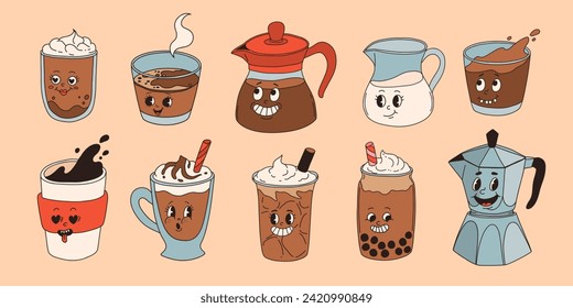Retro groovy set with coffee mascot, cartoon characters, funny colorful doodle style characters, cappuccino, cocoa, latte, espresso and americano. Vector illustration on beige isolated background.