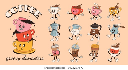 Retro groovy set with coffee mascot, cartoon characters, funny colorful doodle style characters, cappuccino, cocoa, latte, espresso and americano. Vector illustration on beige isolated background.