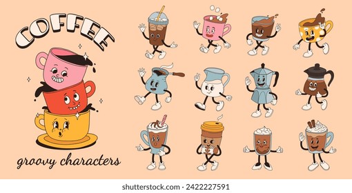 Retro groovy set with coffee mascot, cartoon characters, funny colorful doodle style characters, cappuccino, cocoa, latte, espresso and americano. Vector illustration on beige isolated background.