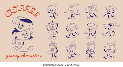 Retro groovy set with coffee mascot, cartoon characters, funny colorful doodle style characters, cappuccino, cocoa, latte, espresso and americano. Vector illustration on beige isolated background.