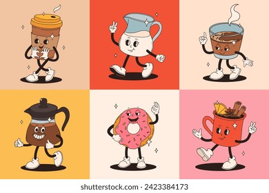 Retro groovy set with coffee mascot, cartoon characters, funny colorful doodle style characters, cappuccino, cocoa, latte, espresso and americano. Vector illustration on beige isolated background.