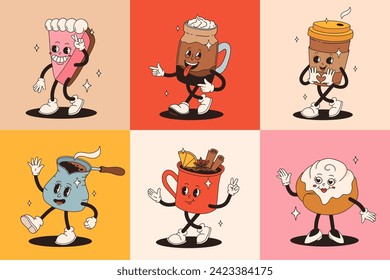 Retro groovy set with coffee mascot, cartoon characters, funny colorful doodle style characters, cappuccino, cocoa, latte, espresso and americano. Vector illustration on beige isolated background.