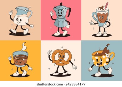 Montaje retro de groovy con mascota de café, personajes de dibujos animados, graciosos y coloridos personajes de estilo doodle, capuchino, cacao, latte, espresso y americano. Ilustración vectorial sobre fondo aislado beige.