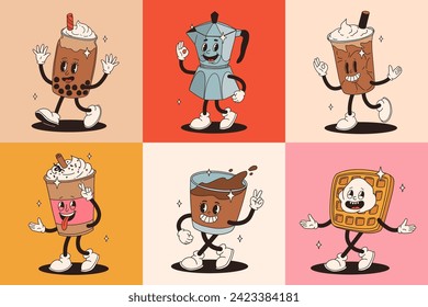 Retro groovy set with coffee mascot, cartoon characters, funny colorful doodle style characters, cappuccino, cocoa, latte, espresso and americano. Vector illustration on beige isolated background.