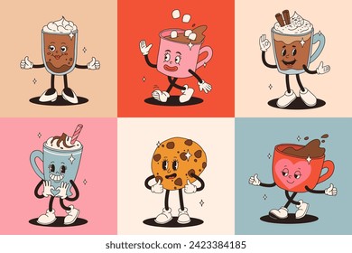 Retro groovy set with coffee mascot, cartoon characters, funny colorful doodle style characters, cappuccino, cocoa, latte, espresso and americano. Vector illustration on beige isolated background.