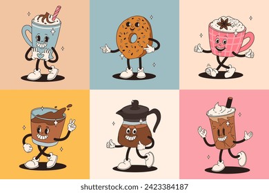 Retro groovy set with coffee mascot, cartoon characters, funny colorful doodle style characters, cappuccino, cocoa, latte, espresso and americano. Vector illustration on beige isolated background.