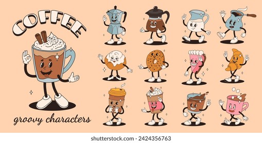 Retro groovy set with coffee mascot, cartoon characters, funny colorful doodle style characters, cappuccino, cocoa, latte, espresso and americano. Vector illustration on beige isolated background.