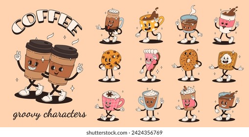 Retro groovy set with coffee mascot, cartoon characters, funny colorful doodle style characters, cappuccino, cocoa, latte, espresso and americano. Vector illustration on beige isolated background.