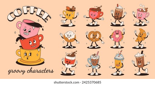 Retro groovy set with coffee mascot, cartoon characters, funny colorful doodle style characters, cappuccino, cocoa, latte, espresso and americano. Vector illustration on beige isolated background.