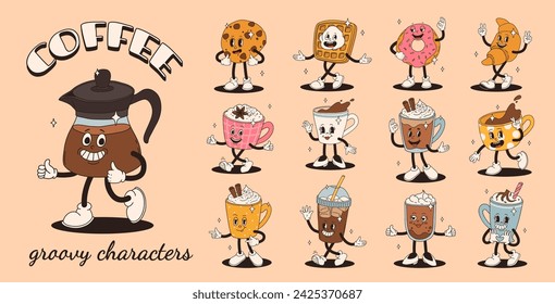 Retro groovy set with coffee mascot, cartoon characters, funny colorful doodle style characters, cappuccino, cocoa, latte, espresso and americano. Vector illustration on beige isolated background.