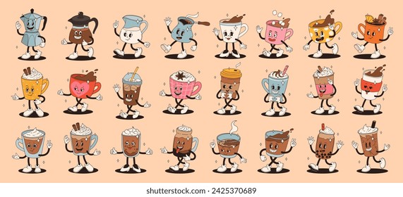 Retro groovy set with coffee mascot, cartoon characters, funny colorful doodle style characters, cappuccino, cocoa, latte, espresso and americano. Vector illustration on beige isolated background.