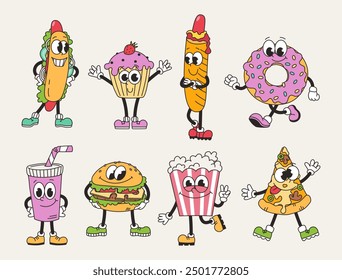 Conjunto groovy retro de personajes de comida rápida y dulces. Divertidas mascotas vintage. Comida chatarra, postres. Ilustración vectorial de dibujos animados