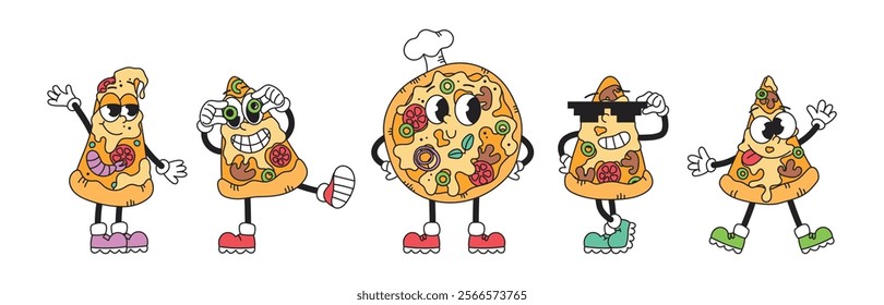 Retro groovy set of fast food characters, pizza, pizza slices. Funny vintage mascots. Junk food. Isolated vector illustrations