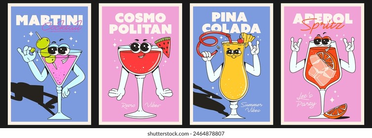 Conjunto de carteles de estilo retro con personajes de cóctel. Pina colada, cosmopolita, martini, aperol spritz. Antiguas vibes de los 70's 80's.