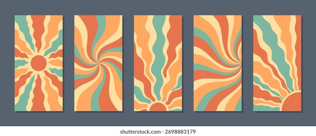 Retro groovy set with sun burst swirl and flat wavy shapes. Sunshine and yellow orange sun in y2k style, vertical background as abstract set, trendy choice for vibrant creative use.
