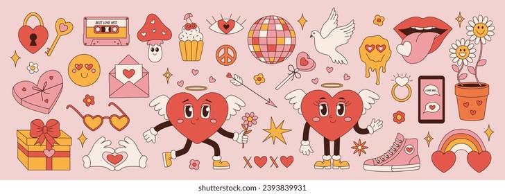 Ropa retro para el Día de San Valentín. Caracteres divertidos en forma de corazón, pegatina de amor hippie, tendencia de los años 70. Ilustración de dibujos animados