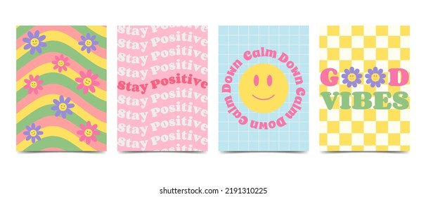 Retro groovy set vertical posters 70s-80s style. Daisy flowers with cartoon funny emoticons faces, hippie slogans. Calm down, stay positive, good vibes, vector cards with inspirational quote.