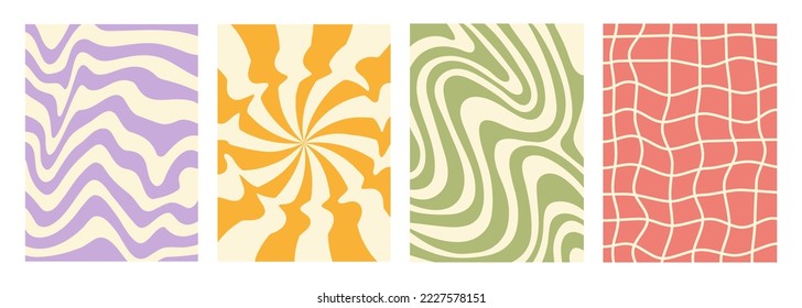 Retro groovy set waves, swirl and checkered distorted backgrounds. Trendy vector texture in retro vintage style. Pastel colors