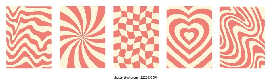 Retro groovy set waves, swirl and checkered distorted backgrounds. Trendy monochrome vector texture in retro vintage style. Pastel colors