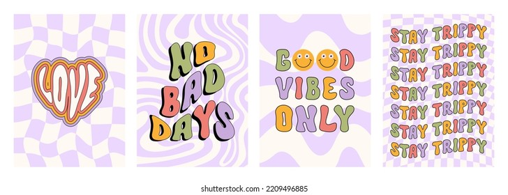 Retro groovy set wavy and checkered vertical backgrounds with text. Hippie psychedelic prints in style 70s, 80s. Pastel colors. Trendy vector illustration