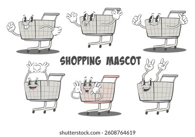 Retro groovy shopping mascot, vintage cartoon shopping cart and bags characters, rubber hose style