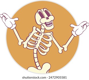 Retro groovy skeletom mascot character 