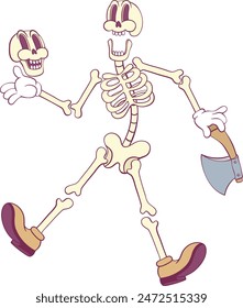 Retro groovy skeleton cartoon character