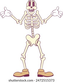 Retro groovy skeleton cartoon character