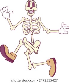 Retro groovy skeleton cartoon character