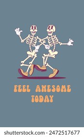 Retro groovy skeleton cartoon character