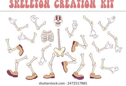 Retro groovy skeleton cartoon character