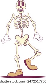 Retro groovy skeleton cartoon character