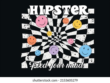 Retro Groovy Slogan Print With Hippie Typography, Smile Face And Checkered Background For Tee T Shirt Or Poster, Vector Illustration