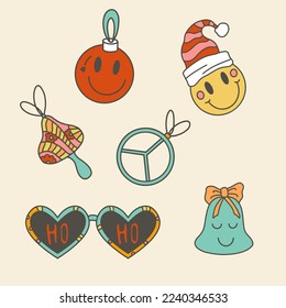 Retro Groovy Smile Christmas Ornaments Vector Isolated Elements Set