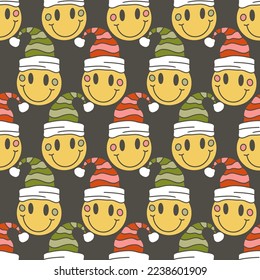 Retro Groovy Smile Face Christmas Ornaments with Santa Hat Vector Seamless Pattern