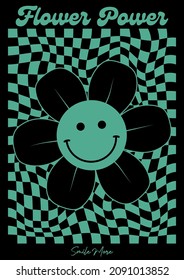 Retro groovy smiley daisy flowers print with inspirational slogan for graphic tee t shirt or sticker poster - Vector