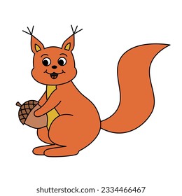 Retro groovy smiling squirrel holding acorn. Red squirel character. Cartoon isolated vector illustration