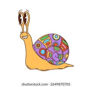 Retro groovy snail character or hippie symbol. Groovy comical slug personage with big eyes and psychedelic pattern on shell. Cheerful snail character isolated vector sticker, cartoon 80s retro symbol