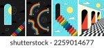Retro groovy space art poster set. Hippie style sun in surreal cosmic arch print collection. Vintage boho universe in abstract doorway banners. Trendy y2k pop culture rainbow and architecture. Vector
