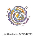 Retro groovy space in cartoon funky comic art, vector galaxy icon. Groovy cartoon space with galactic nebula with psychedelic swirl of cosmic clouds in alien extraterrestrial cosmos or black hole