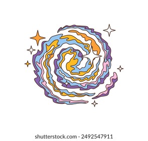 Retro groovy space in cartoon funky comic art, vector galaxy icon. Groovy cartoon space with galactic nebula with psychedelic swirl of cosmic clouds in alien extraterrestrial cosmos or black hole